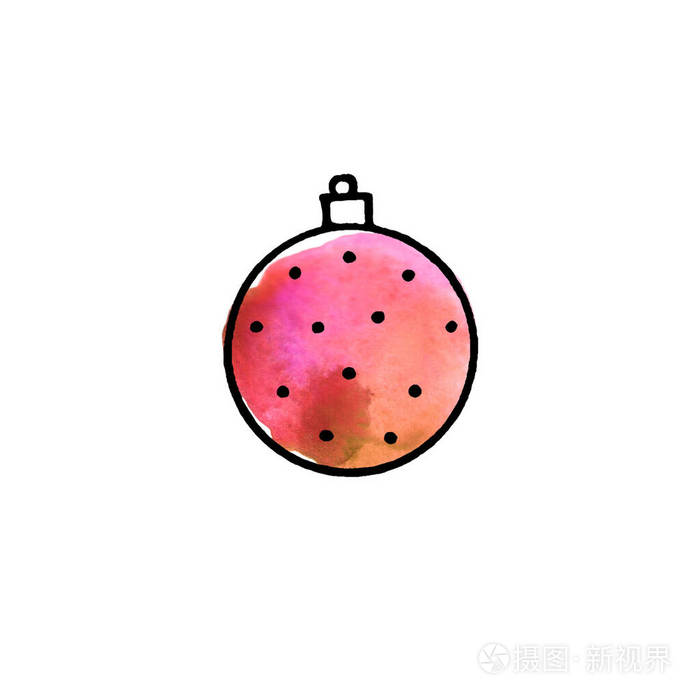 圣诞水彩树球孤立在白色背景。新年和圣诞节线条艺术，涂鸦，素描，手绘。贺卡日历印刷品的简单插图