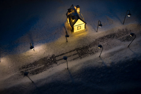 新年的小房子在雪地里和冷杉树在一起。