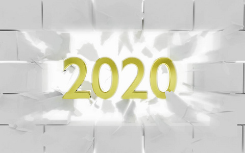 新的2020年概念与数字粉碎通过砖墙爆炸三维渲染插图