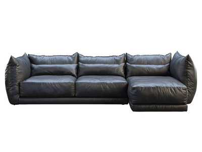 现代黑色三座转角真皮沙发。三维渲染