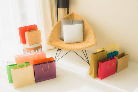 Empty chair decoration interior of living room with shopping bag