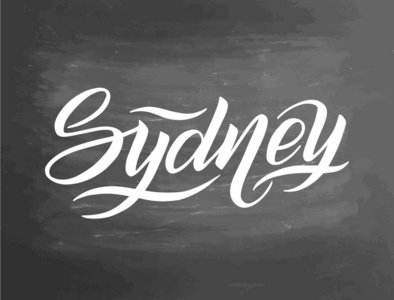 手写城市名称。手书。悉尼。手工刻字插图。黑板纹理背景。印刷海报。