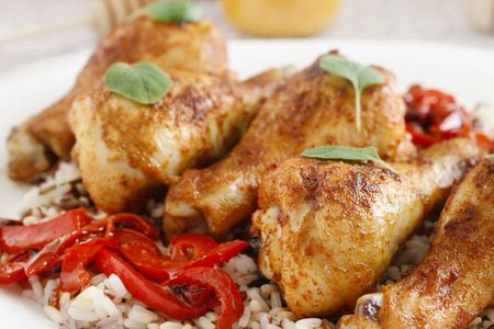 Indian cuisine roasted chicken with rice and vegetables. 