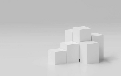 白色现代建筑背景与白色立方体三维插图渲染