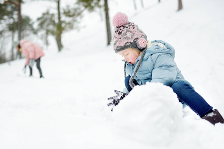 可爱的小女孩在美丽的冬季公园里玩耍。可爱的孩子在雪地里玩耍。有孩子的家庭冬季活动。