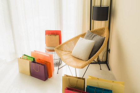 Empty chair decoration interior of living room with shopping bag