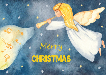 圣诞快乐水彩卡天使和小号图片