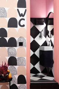 豪华时尚美内饰沙龙卫生间卫生间粉色概念设计。