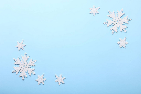 Christmas decorations on blue background. Christmas Flat lay. 