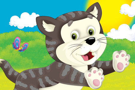 卡通场景与猫在农场玩耍儿童插图