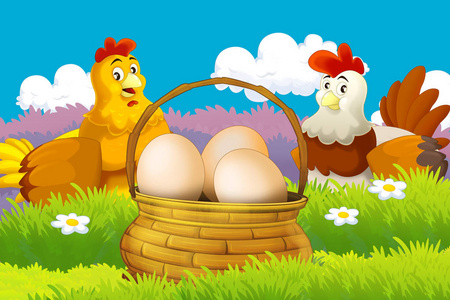 卡通农场快乐场景与站立的公鸡和母鸡农场鸟类儿童插图照片