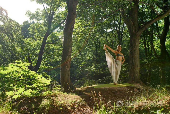 年轻的亚洲女人在森林里练瑜伽