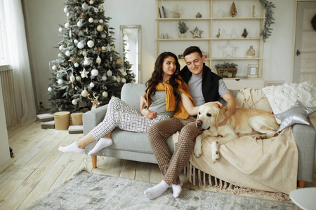 这对幸福的夫妇和狗一起坐在沙发上，圣诞节。在家过年。家庭和日期