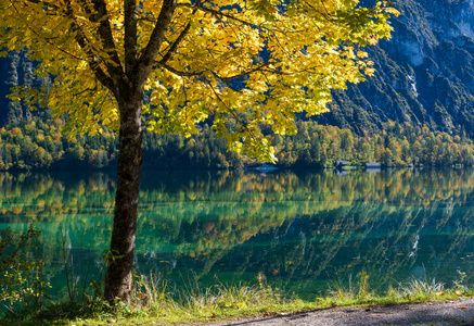 Peaceful autumn Alps mountain lake with clear transparent water 