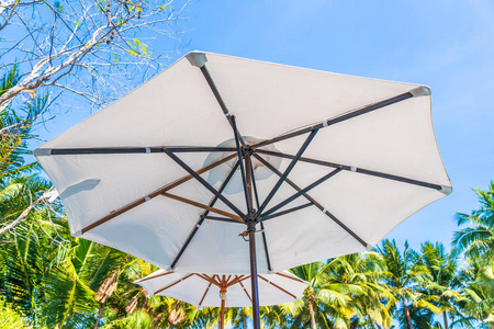 Beautiful landscape of sea ocean on sky with umbrella and chair 