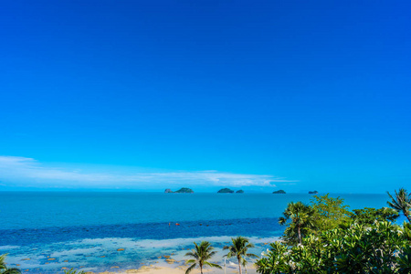 Beautiful tropical sea ocean with coconut palm tree on blue sky 