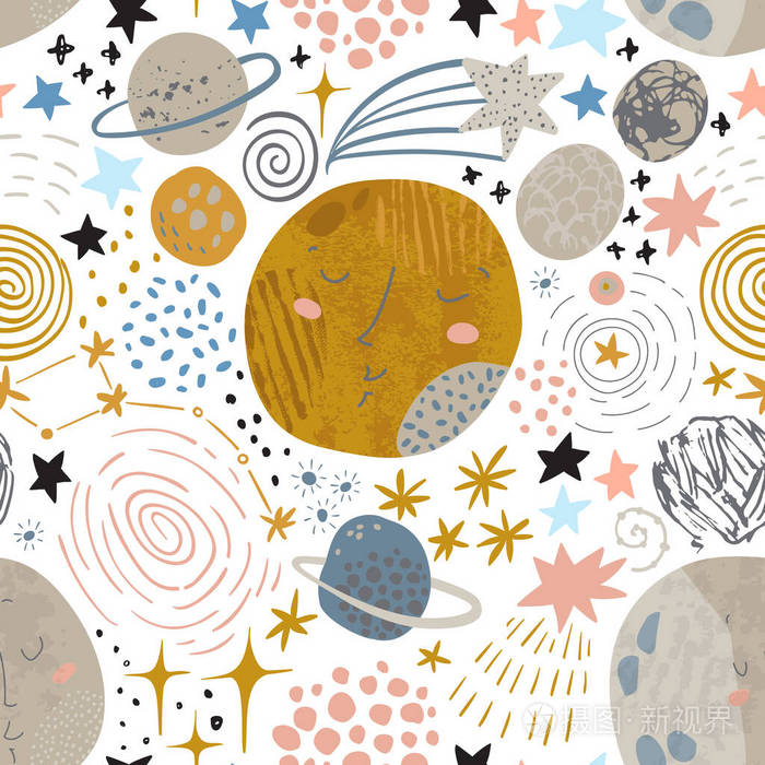 卡通宇宙背景 可爱的行星 月亮 流星 银河系 照片 正版商用图片2657i0 摄图新视界