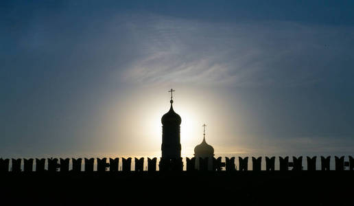 Moscow Orthodox Cathedral on the background of the Kremlin wall 