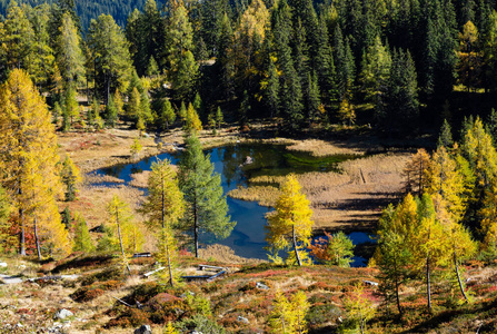 Calm autumn Alps mountain lake with clear transparent water and 