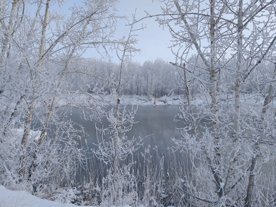 冬季的湖景是由一个疗伤泉在陆地上形成的
