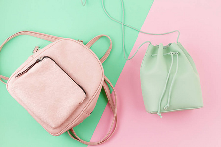 Beautiful girls bag in pastel mint color and pink backpack over 