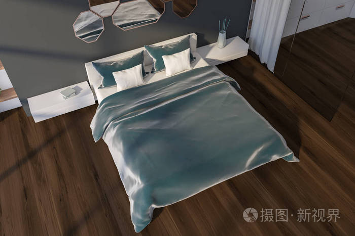 带镜子的灰色主卧室俯视图