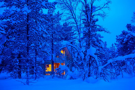 傍晚雪林里灯火通明的小屋