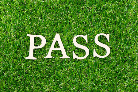 绿草背景上的单词pass中的木字母照片