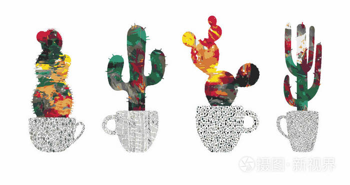 Set of abstract acrylic cacti in graphic pots 