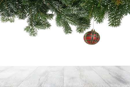 Christmas background template. Empty rustic wooden bright table 