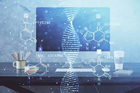 桌面电脑背景和DNA绘图。双重曝光。科学概念。