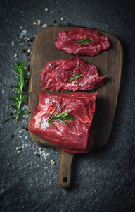 Raw beef steak with herb and spices  Fresh meat beef sliced on 