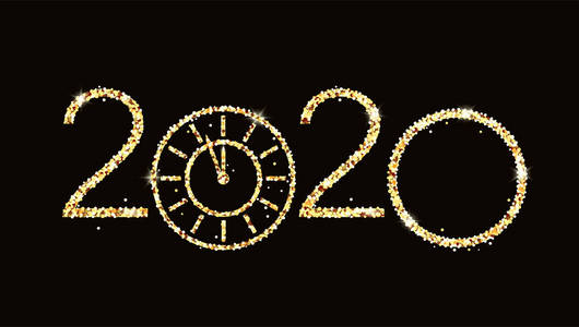 2020年新年。新年背景与黑色金色时钟。