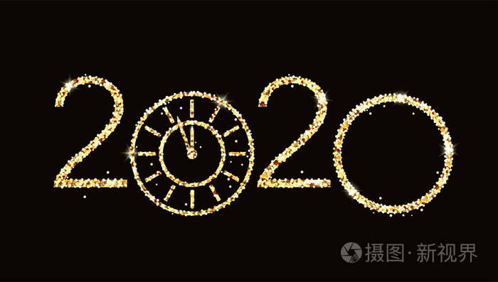 2020年新年。新年背景与黑色金色时钟。