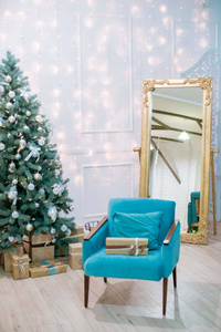 沙发 壁炉 花环 圣诞节 松木 活的 安慰 镜子 冷杉 闪烁