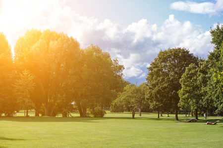 在夕阳的余晖中,公园里绿油油的草坪和多云的天空阳光明媚的冬日景色.
