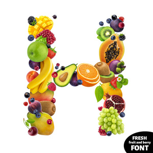 字母H由浆果和水果制成，白色背景上孤立的食物字体