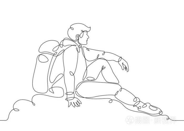 坐在岩石上的连续单线游客