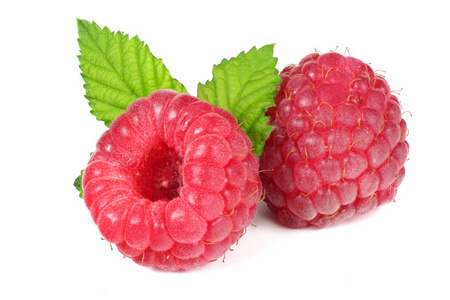 ripe raspberries with green leaf isolated on white background ma