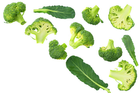 green broccoli with slices and leaves isolated on white backgrou