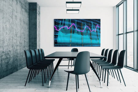 会议室内部，墙上有屏幕显示器上的财务图表。股市分析概念。3d渲染。