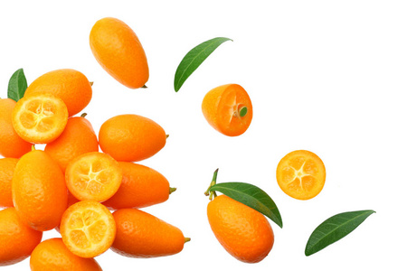 cumquat or kumquat with leaves isolated on white background.