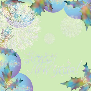 Spheres shining with a holly branch. Happy New Year card.Blue ba