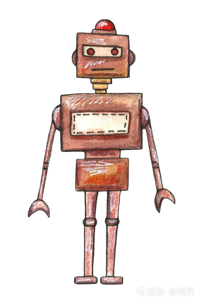 水彩手绘可爱机器人套装卡通插图不错