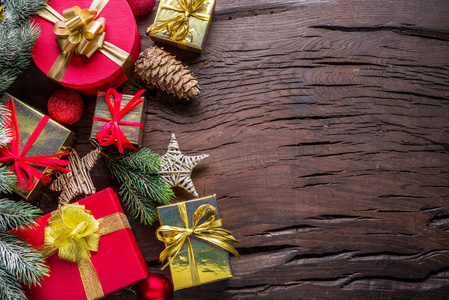 Christmas decoration, gift boxes on old wooden table. Christmas 