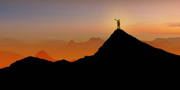 Silhouette of Businessman standing on mountain top over sunrise 