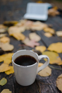 在秋天公园的一张旧木桌上，放着一个茶杯和咖啡，散落的黄叶和松果。俯视图，模糊。秋日暖暖幽暗的心情，柔和的焦点。