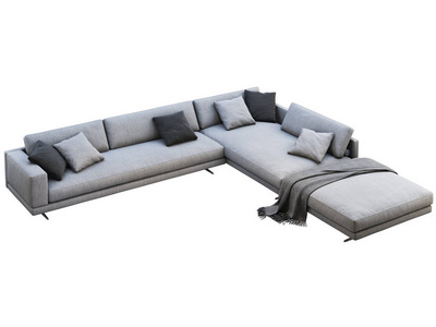 现代灰色织物角落沙发，带枕头和针织格纹。三维渲染
