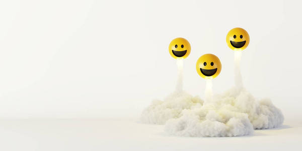 Happy smile rocket launched, social media concepts, original 3d 