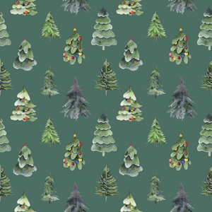 绿色圣诞树水彩无缝图案